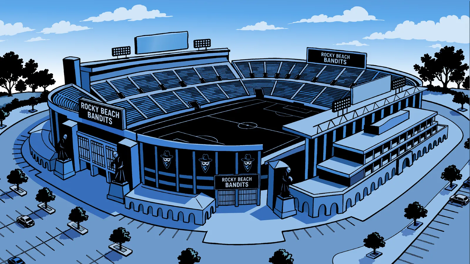 die-drei-fragezeichen-maskottchen-stadion-rocky-beach-bandits „Stadion der Rocky Beach Bandits im Die drei ??? Fall“